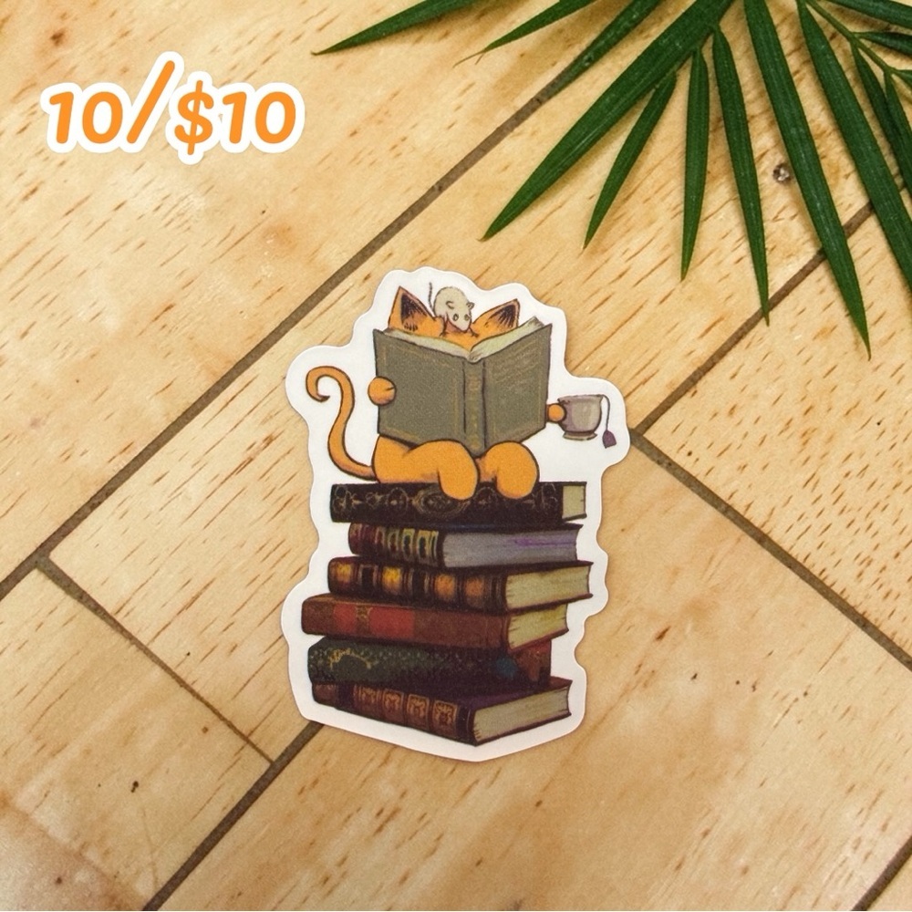Reading Cat Book Stack Sticker – Book Lover Vinyl Decal | Cozy Reader Sticker